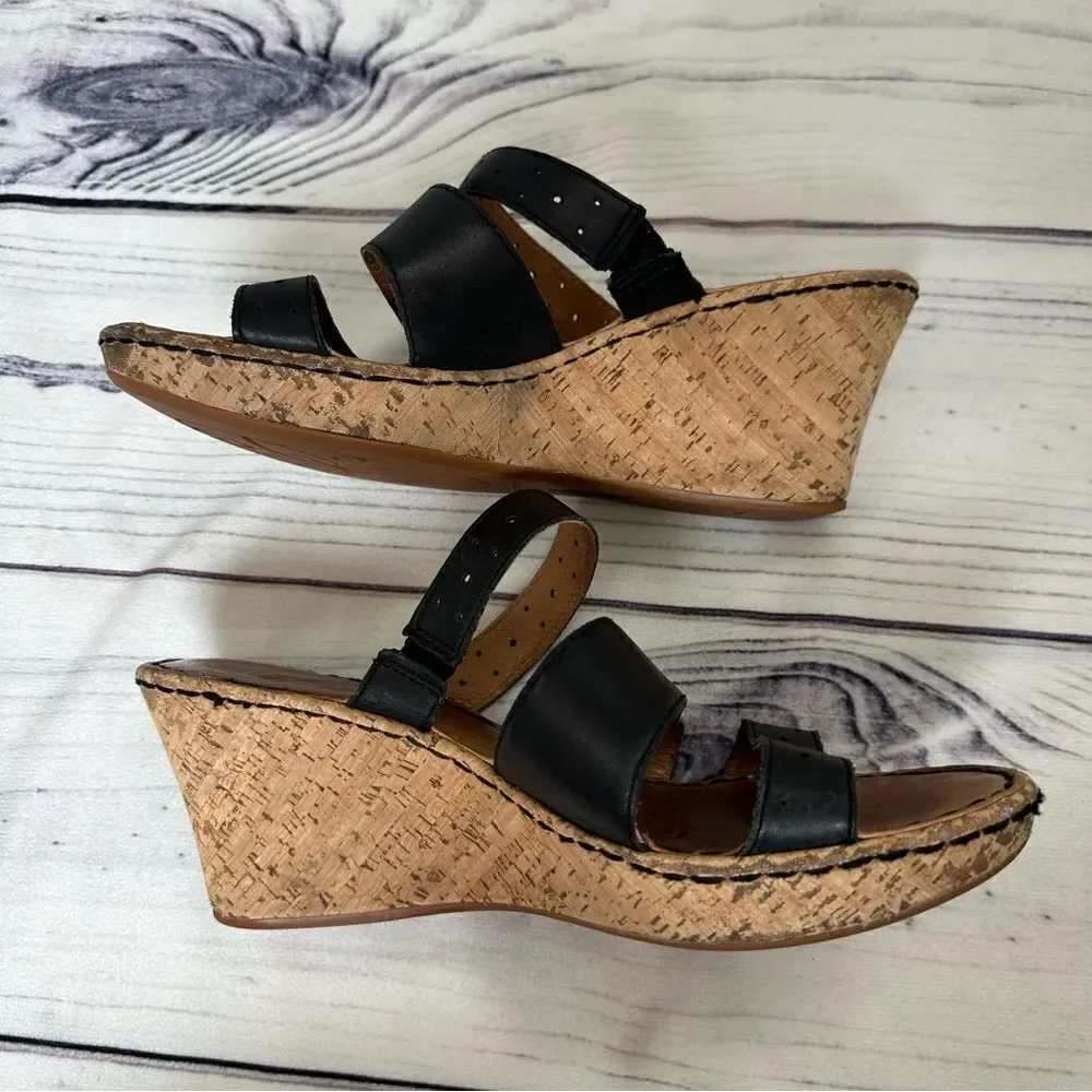 BORN Cork 3” Wedge Heel Strappy Slip-On Black Leather Sandals Sz‎ 10 Platform